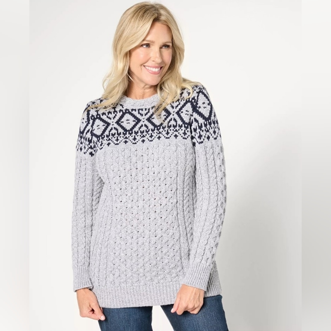 Aran Crafts Light Gray Cable Knit Sweater With Navy Fair Isle Yoke